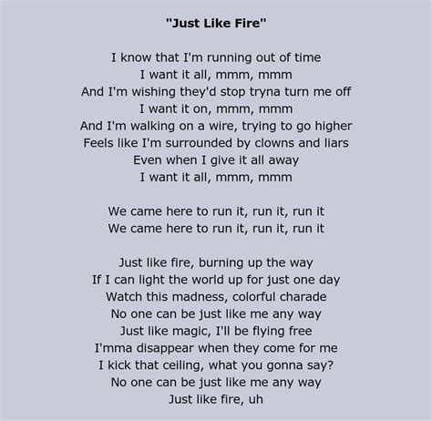 And people like to laugh at you cause they are all the same (mmm, mmm) see i would rather we just go our. Just like fire by Pink | Music | Pinterest | Songs, Song ...