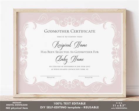Godmother Certificate Printable Certificate Baby Dedi