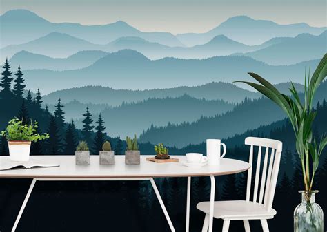 Dark Blue Mountain With Pine Tree Forest Wall Mural Removable Etsy