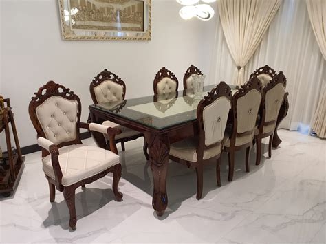 Buy Glass Top Wooden Cushioned 8 Seater Dining Table Online At Best Prices