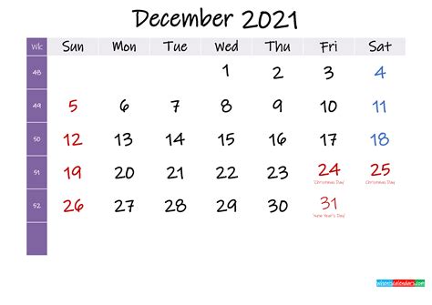 December 2021 Free Printable Calendar With Holidays Template No