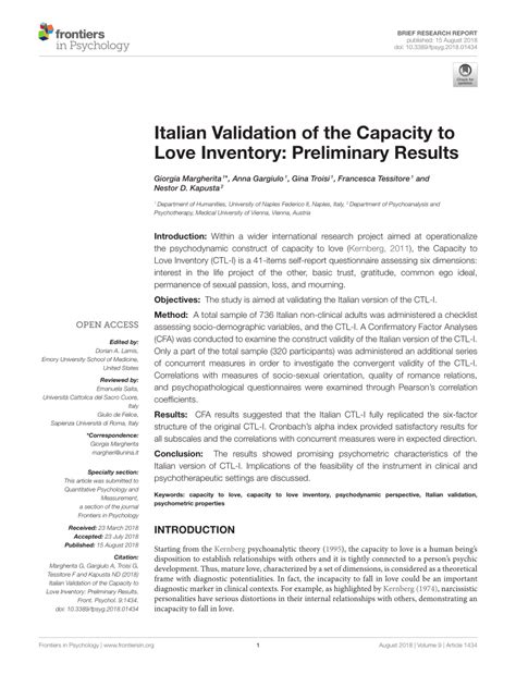 Pdf Italian Validation Of The Capacity To Love Inventory Preliminary