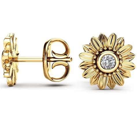 Sunflower Diamond Earrings K Yelow Gold Bridal Jewelry Etsy