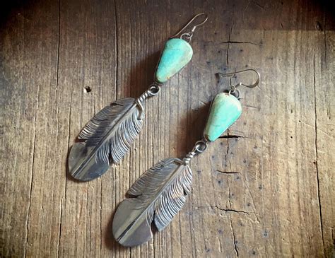 Navajo Earrings Silver Feather Turquoise Earrings Native American