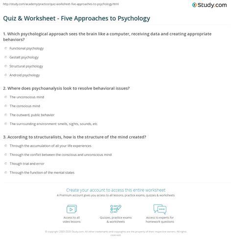 Quiz And Worksheet Five Approaches To Psychology