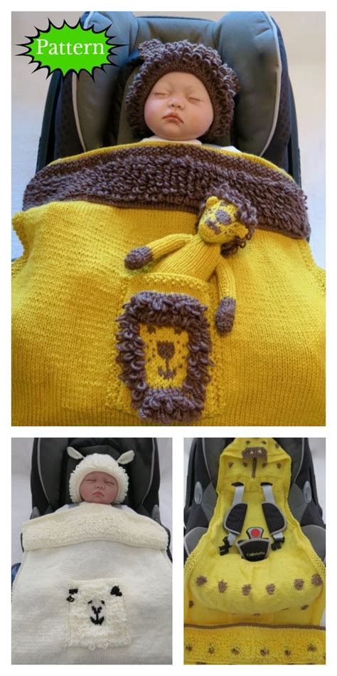 The blanket has a unique design for a very special baby. Animal Hooded Baby Car Seat Blanket Knitting Pattern (With ...