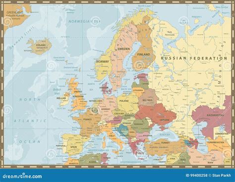 Europe Political Map Vintage Colors And Bathymetry Stock Vector