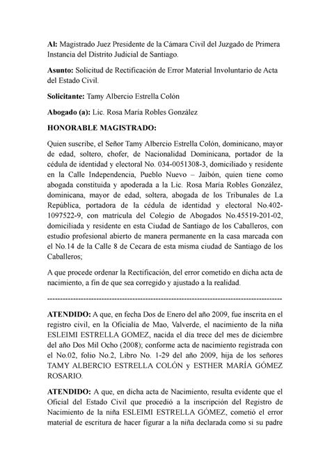 Modelo De Instancia Rectificación Acta Estado Civil Al Magistrado