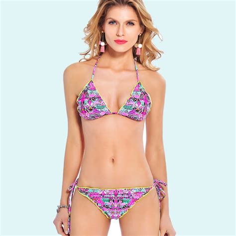 Women Bikini Swimwear Floral Print Ruffled Ruched Halter Triangle Push Up Padding Swimsuit