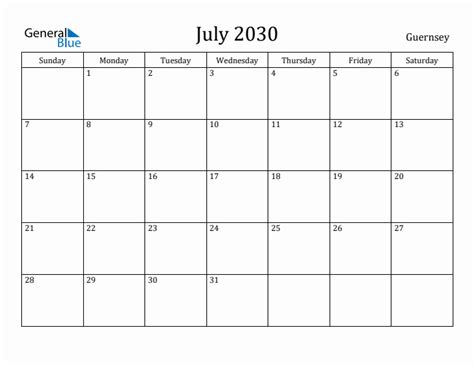 July 2030 Monthly Calendar With Guernsey Holidays