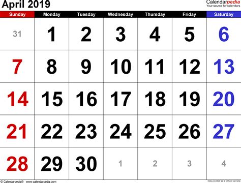 April 2019 Calendars For Word Excel And Pdf