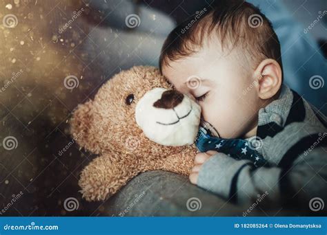 Little Boy Sleeping With A Teddy Bear Stock Photo Image Of Portrait