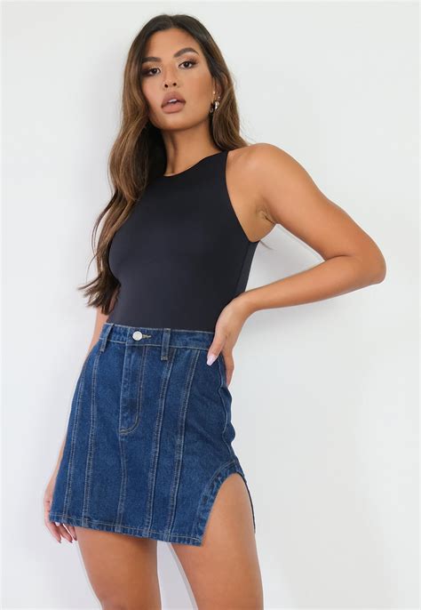 Blue Side Curve Hem Seamed Denim Mini Skirt Missguided