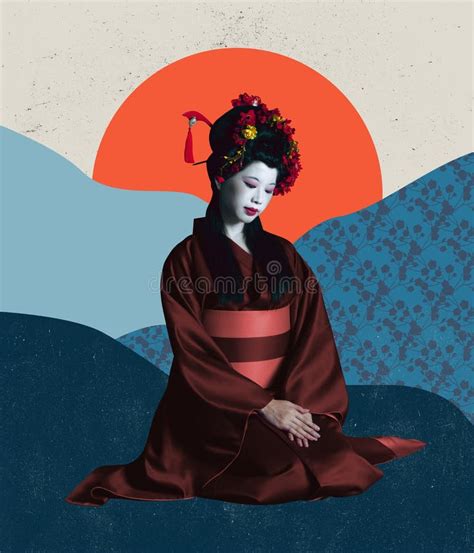 Artwork Young Japanese Woman As Geisha Isolated On Absract Colorful