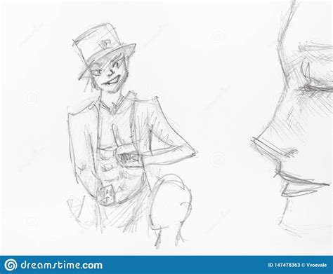 Sly Illusionist In Top Hat Hand Drawn By Pencil Stock Illustration