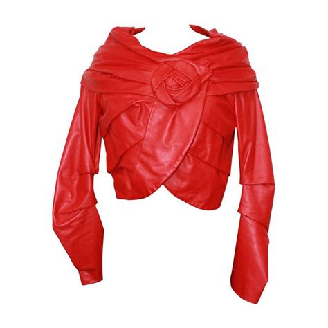 Emanuel Ungaro Red Leather Ruched Jacket With Rose S Red Jacket