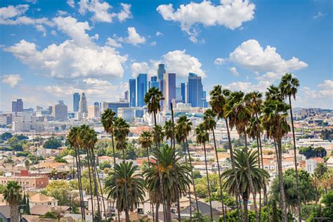 Beautiful Cloudy Day Of Los Angeles Downtown Skyline And Palm Trees In