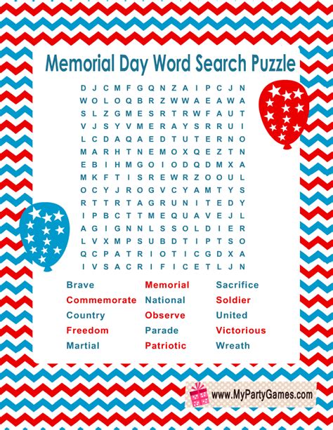 The Memorial Day Word Search Puzzle Is Shown With Red White And Blue