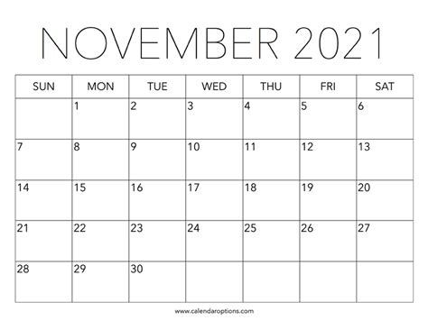 Printable November 2021 Calendar Calendar Options