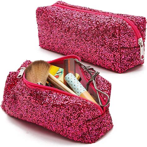 2 Pack Fabric Glitter Travel Makeup Bag For Women Toiletry Cosmetic