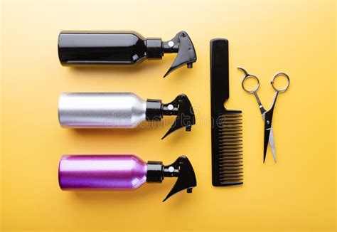 Set Of Hairdresser Equipment Spray Bottles Thinning Scissors And Hair
