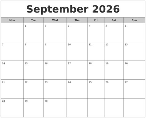 September 2026 Free Monthly Calendar