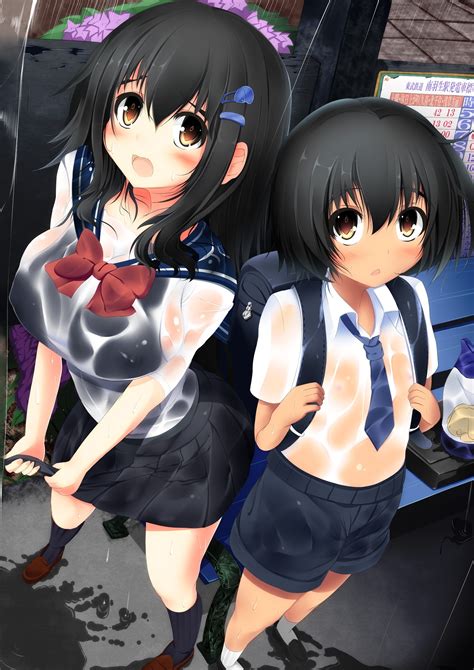 School Uniforms Long Hair Brown Eyes Sister Blush Bows Anime Bags Brother Anime Girls Necktie