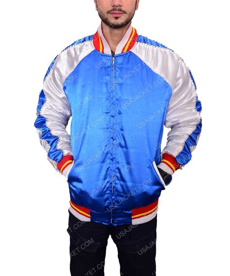 Mens Satin Blue Bomber Varisity Jacket