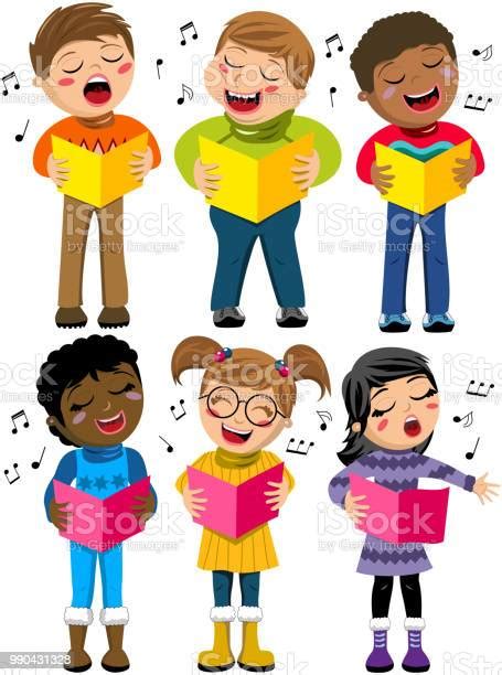 Happy Multicultural Kids Or Children Standing And Singing In A Choir