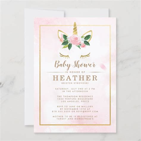 Simple Pink And Gold Unicorn Baby Shower Invitation Zazzle