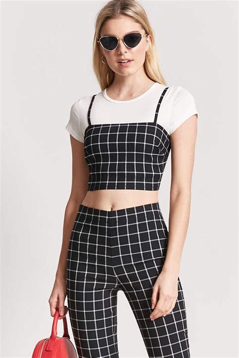 Grid Print Crop Top Matching Sets Outfit Print Crop Tops Clothes
