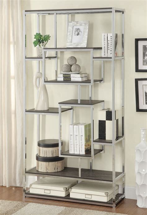 Multi Level Chrome Bookcase W Weathered Grey Shelves By Coaster