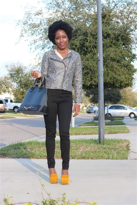 Last Winter Ootd H And M Tweed Moto Jacket And Statement Shoes Fashiontolive Fashionablefoodiva