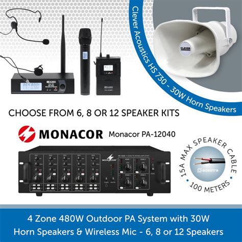 4 Zone Outdoor Pa System With Horn Speakers And Wireless Mic Audiovolt