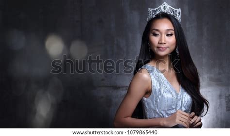 Portrait Of Miss Pageant Beauty Contest In Sequin Blue Evening Ball
