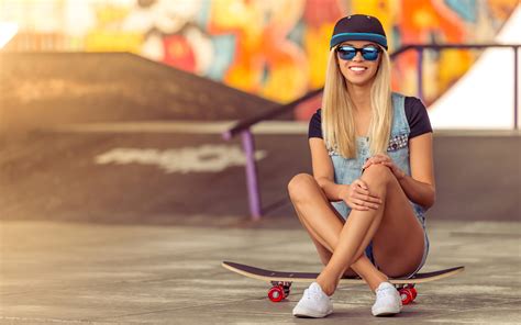 Image Blonde Girl Smile Young Woman Legs Skateboard 3840x2400