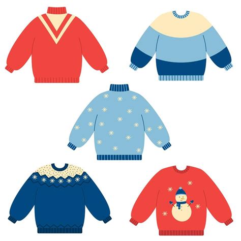 Set Of Warm Colorful Sweaters Winter Or Autumn Clothing Doodle Style