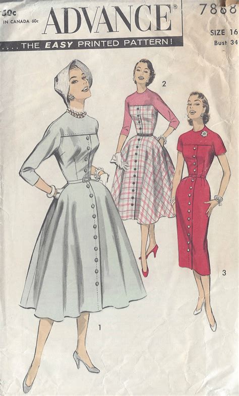 1950s Vintage Sewing Pattern B34in Dress R661 By Advance 7888 The