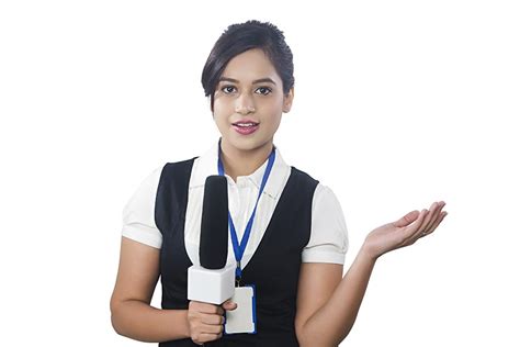 Indian Woman Journalist With Microphone Making Interview And Gesturing Hand