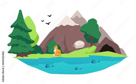 Fox And Sheep Forest Animals In Native Habitat Vector Illustration