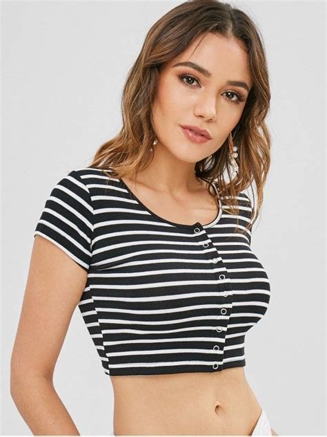 Snap Button Striped Crop Top Black One Size Striped Crop Top Black Crop Tops Crop Tops