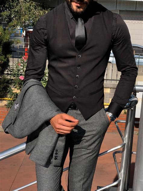 Lacot Slim Fit Plaid Suit Vest Black Bojoni Business Casual Attire For Men Mens Shirt Dress