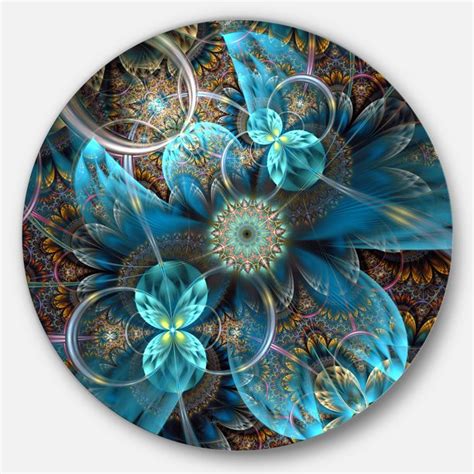 Designart Fractal Blue Flowers Disc Floral Circle Metal