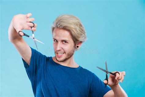 Man With Scissors For Haircutting Stock Photo Image Of Barber Work