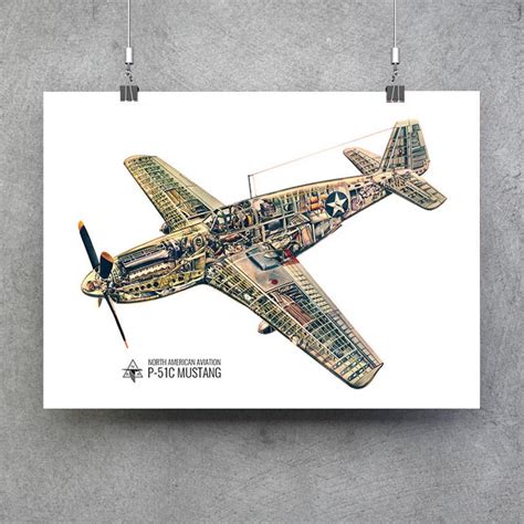 Vintage Airplane Cutaway Poster Print P51 Mustang Exploded Etsy In