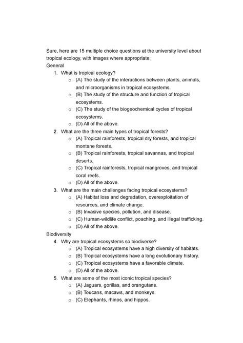 Tropical Ecology Biology Sure Here Are Multiple Choice Questions At The University Level