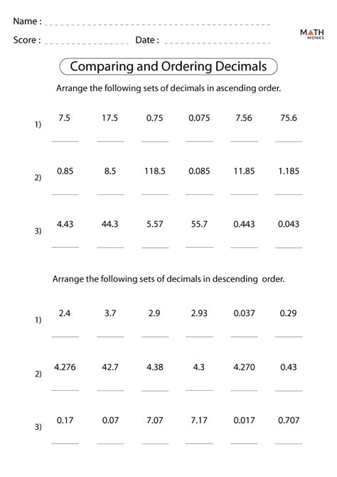 Ordering Decimal Numbers Common Core Worksheets