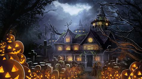 Wallpaper Graveyard Anime Pumpkin Fantasy Halloween Houses Holidays