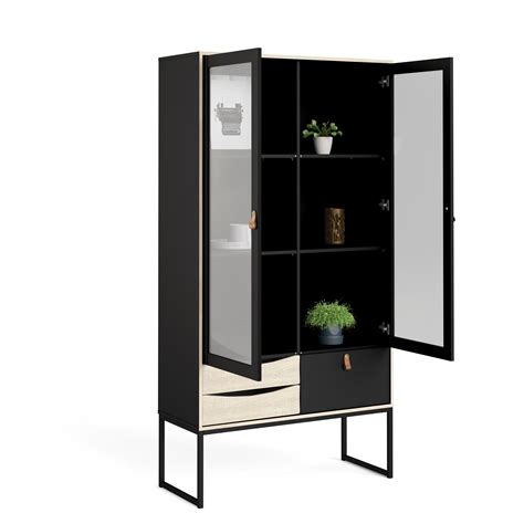 Stubbe 2 Glass Door China Cabinet With 3 Drawers Black Matte Oak Structure