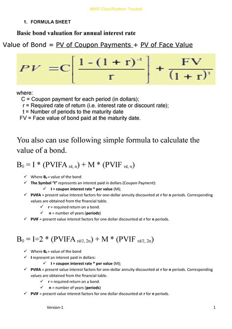 Formula Sheet 1 Formula Sheet Basic Bond Valuation For Annual